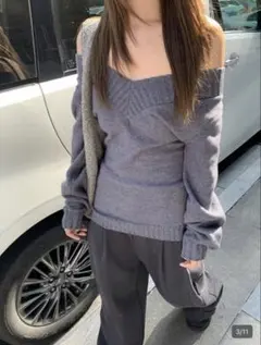 グレー オフショルダー 長袖ニット　Shein
