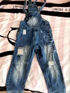 デニムブルー ダメージ加工 オーバーオール