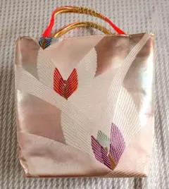 帯リメイクバッグ　桜色に羽模様