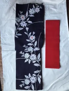浴衣レディース紺花柄+赤帯セット