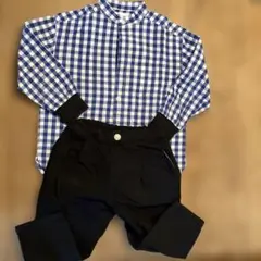 パンツ110と青と白のチェック柄長袖シャツ M