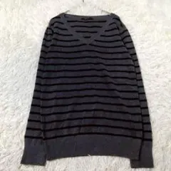 イング ニット アンゴラ混 長袖 ボーダー Vネック(M) ダークグレー