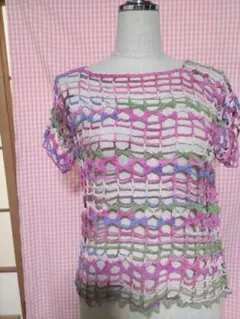 ハンドメイド　カラフルレース編みショートスリーブニット