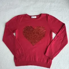 美品H&Mキッズ 薄手ニット女の子 赤ハートスパンコール130cm 春
