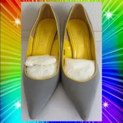 ROSESSENCE グレー×イエロー キャンバス ポインテッドトゥ パンプス