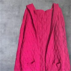 ケーブル編み ロングカーディガン【L】赤 フード付き 前開き 羽織り 春 秋冬