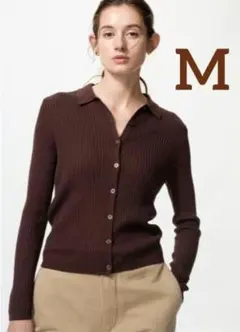 オンライン限定 ユニクロ / メリノブレンドリブポロカーディガン（茶色・M）