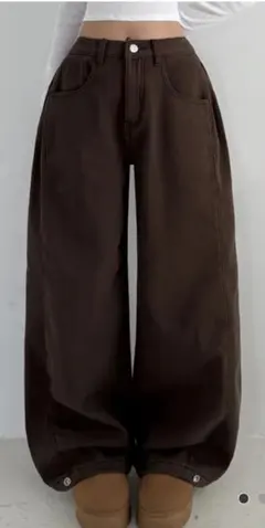 裏起毛　レディース　ワイドパンツ　ハイウェスト　M　ブラウン　新品