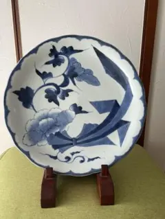 古伊万里　染付　束ね熨斗に菊図　輪花大皿　約29.5センチ　江戸後期　骨董 古伊万里 染付 束ね熨斗に菊図 輪花大皿 約29.5センチ 江戸後期 骨董