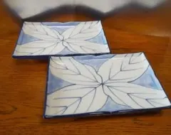 ★美品★　山作　角皿2枚セット　陶器　13x19cm　白　藍　昭和レトロ
