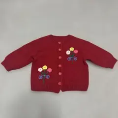 ハンドメイドニット 赤い花刺繍ニットカーディガン