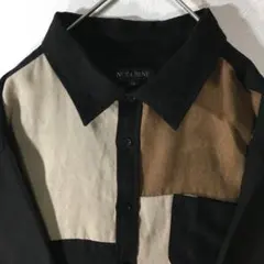 【個性派古着】長袖デザインシャツ　スウェード調　黒　茶　ベージュ　LL