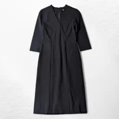 セオリーリュクス タック ストレッチ Vネック ワンピース 七分丈 ブラック