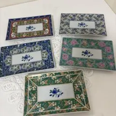 有田焼　林斎　金彩角皿　絵変わり　長角皿　古伊万里　花柄　5枚揃