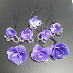 紫の薔薇と小花の髪飾り 8個セット 布製　 七五三　成人式に♪