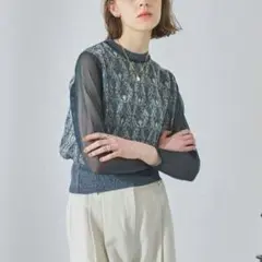 【美品】public tokyo シアースリーブアートラメジャガードニット