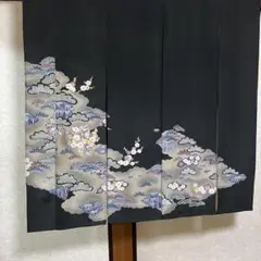 黒地 雲と花模様 のれん横〜96–丈〜100!
