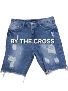 【極美品】韓国発BY THE CROSS クラッシュ加工 デニムハーフパンツ M