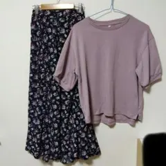 パフスリーブ Tシャツ＋花柄フレアスカート 同系色コーデセット Honeys