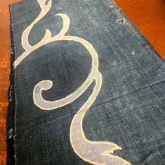 古布　木綿　筒描き　一幅　はぎれ　唐草　藍染　Y76　リメイク　着物　骨董　明治