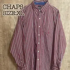 チャップス CHAPS BDシャツ ワインレッド系ストライプ XL 刺繍ロゴ