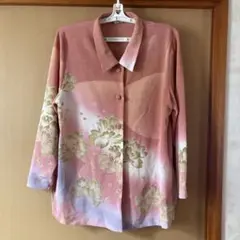 ちりめん 花柄長袖シャツ ピンク系 ジャケット 秋、春