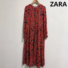ZARA 長袖ロングワンピース　ギャザー　ティアード　比翼ボタン　花柄　レーヨン