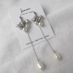#395 淡水パールグレー×ホワイト×スワロフスキーパール ピアス/イヤリング