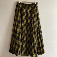 ネイビーとイエローのチェック柄アコーディオンプリーツスカートサイズL