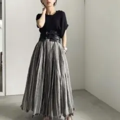 Ameri アメリ　リネン　ロングフレアスカート フリンジ　ストライプのサムネイル