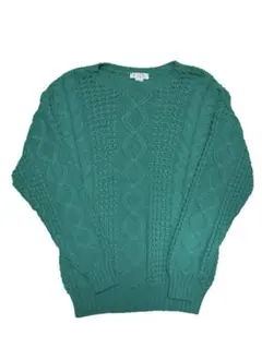 ケーブル編みニット セーター グリーン 古着 アランニット フィッシャーマン