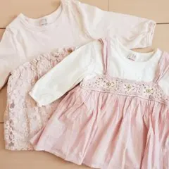 110プティマインワンピース2枚セット　ピンクの刺繍付きワンピース 七分袖