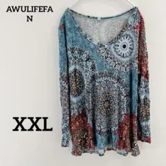 AWULIFEFAN【XXL】ボヘミアン花柄チュニック ブルー 水色