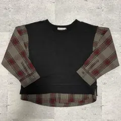 チェック柄長袖Tシャツ　デザイントップス　チェック　ブラック