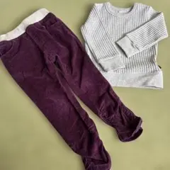 グレーワッフルカットソー90とパープルコーデュロイパンツ95シンプルコーデ