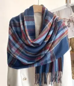 上質カシミヤ混★上品配色チェック柄リバーシブルお洒落カシミヤマフラー♪318NV