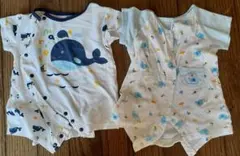 クジラ柄　ゾウ柄　男の子向け　水色　ロンパース　2点セット 新生児向け　夏向け