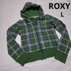 ROXY フード付き グリーンチェックパーカー L
