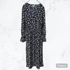 J1040 オリーブデオリーブ 小花柄 Vネック ロングワンピース ネイビー古着