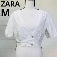 訳あり ZARA ザラ 半袖カシュクールブラウス 白 M パフ袖 女子会