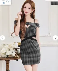 完売品 dazzy チェック柄オフショルタイトミニ丈キャバドレス ダークグレイS