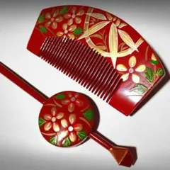レトロ　髪飾り　セット　和装　着物用　赤　赤色　金色　金　簪　かんざし　櫛　螺鈿