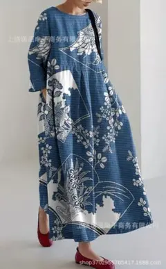 和柄ロングワンピース ゆったりワンピース 体型カバー 個性的 和装 着物柄