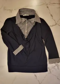 重ね着風 カットソー シャツ ストライプ襟