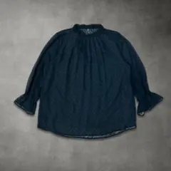 レディース ネイビーブラウス L 透け感ドットシフォン フリルネック 上品
