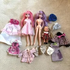 ピンク、パープル髪色リカちゃん人形と服のセットいろいろサイズ服難あり