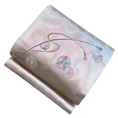 ユ200名古屋帯 金銀糸　刺繍　花と蝶　正絹 着物帯　仕立て上り