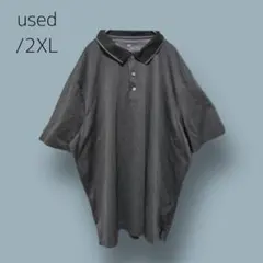 a077　【used】　ポロシャツ　2XL　黒　襟異素材　輸入古着　ストライプ