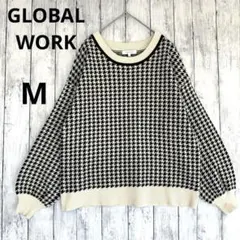 【グローバルワーク】千鳥格子チェック柄ハウンドトゥース長袖ニットセーターM白黒