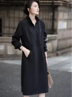 スタンドカラー スウェット ワンピース 着痩せ効果 無地 大きいサイズ ロング